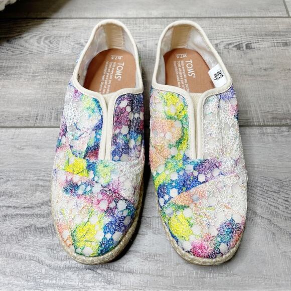 Toms Shoes - TOMS Palmera Crochet Lace Slip On Espadrille Flats Rainbow Size 7.5M